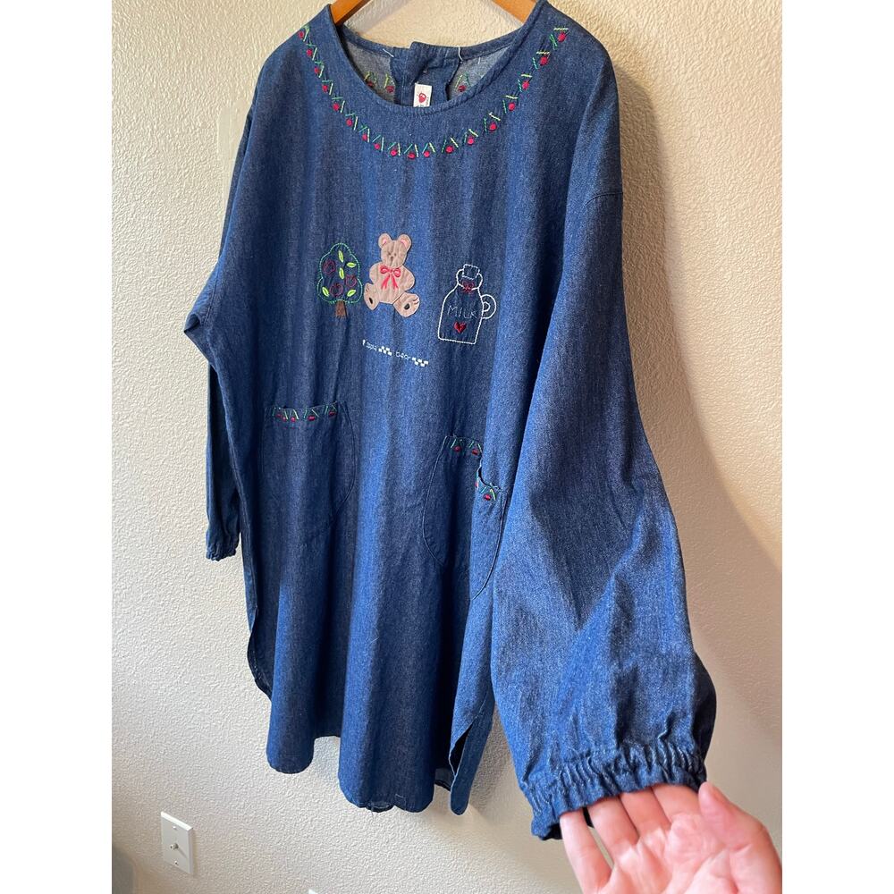 Kuma Heart Denim Long Sleeve Teacher Cottage Core Knee Length Shirt Dress XXL - Picture 2 of 14